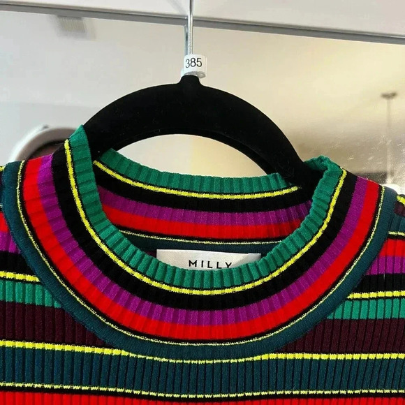 385 Milly Stripped Ribbed Short Sleeve Blouse Size Small Color Black Red - Picture 4 of 7